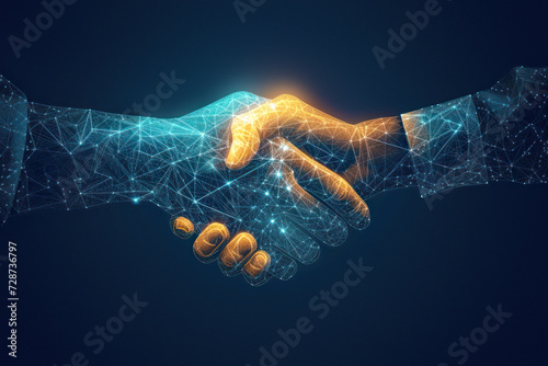 Two wire-frame glowing hands coming together in a handshake, representing technology, business, and the concept of trust