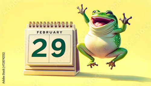 Joyful frog celebrating Leap Day on a sunny calendar backdrop