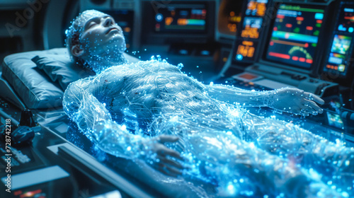 A person figure in cryogenic recovery on a high-tech medical bed. Cryobiology for freezing bodies