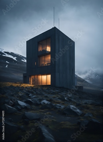 Ultra wide angle cinematic photo of a mesmerically moody dark and gloomy massively monolithic Scandinavian minimalism brutalist futuristic structure on an icelandic Norwegian Scandinavian mountain