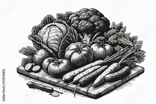 Vegetables on a cutting board, engraving illustration.