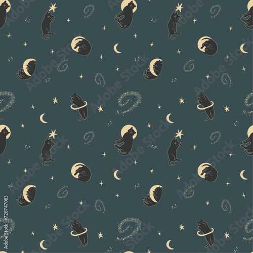 Seamless pattern with cat's silhouettes and galaxies in dark background