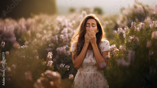 A young woman standing in a flower meadow and holding her hand over her mouth because he has to sneeze. Made with Generative AI