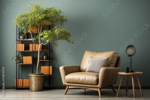 minimalistic design Interior of living room with armchair, shelving unit and artificial plants