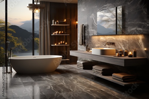 minimalistic design sleek grey marble bathroom with LED lighting, double vanity, and freestanding tub,