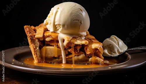 Delicious slice of Apple Pie Topped With Vanilla Ice Cream and Bananas