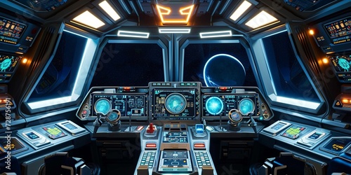  a spaceship cockpit background with high-tech controls and screens.