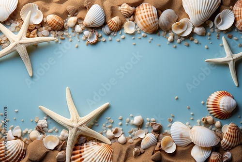 minimalistic design Top view of a sandy beach with collection of seashells and starfish as natural textured