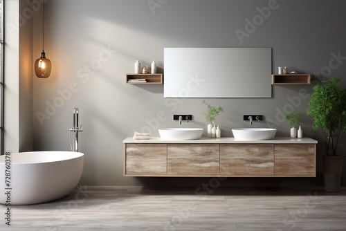 minimalistic design White and wooden bathroom with double sink