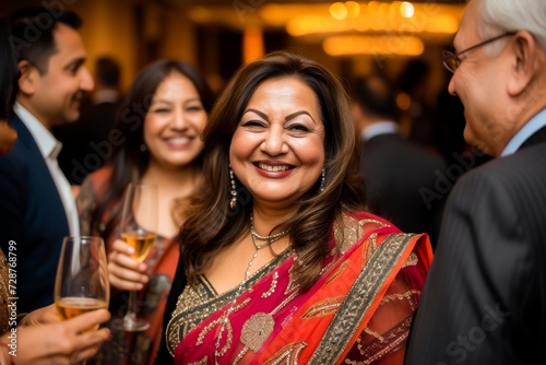 A cheerful mature Indian woman in a traditional sari smiling at a festive celebration with family and friends.