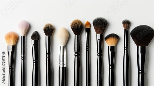 diverse collection of makeup brushes in various styles, isolated over a clean white background.