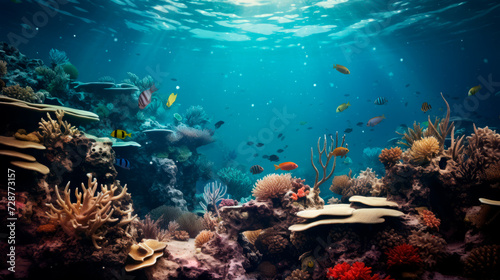  This photograph immerses us in the captivating underwater world of a picturesque coral reef, teeming with diverse fish species
