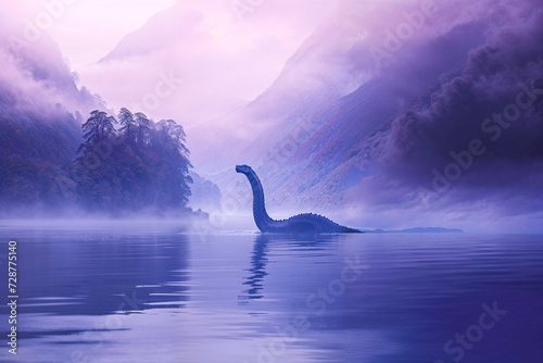 Nessie the Loch Ness Monster in purple foggy mist, Scotland, artist's impression, sea serpent, cryptid