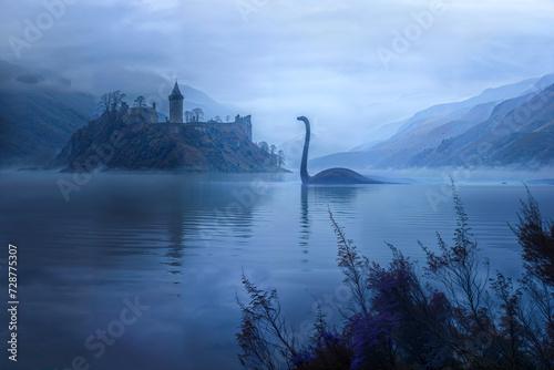 The Loch Ness Monster near a castle, Scotland, artist's impression