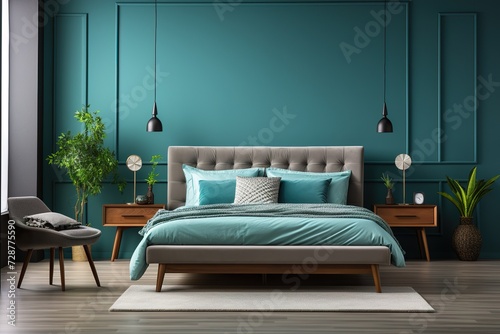 stylist and royal The modern bedroom interior design and blue wall texture background,