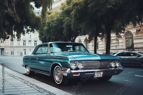 A fictional retro car from the 1970s on a city street. Illustration by Generative AI.