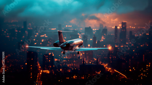 Vista aérea de un jet privado volando cerca de edificios de una ciudad al atardecer