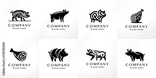 Stylish flat minimalistic logo design collection: modern graphic elements with abstract swine (jamon) shapes in black and white for agriculture and pig farm products in vector set
