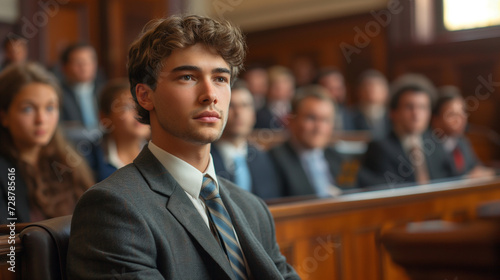 Man in a Suit Sitting in a Courtroom