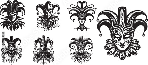 set Jester profile. Simple illustration black and white vector, Jester fools hats 