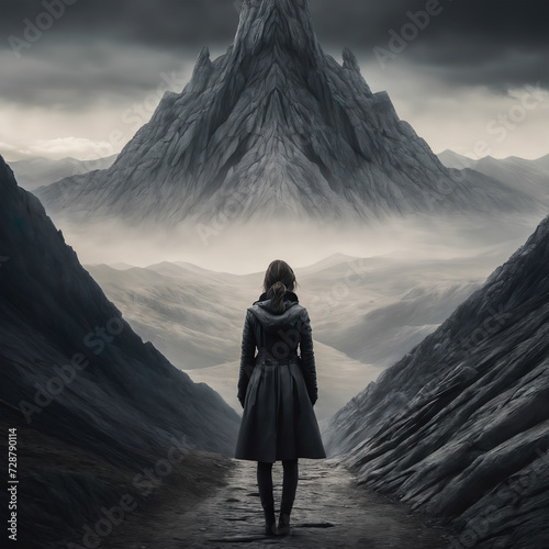 ai generated climbing picture, A woman standing at the foot of a mountain, mood photo with the statement that you can do anything, long journey, looking into the unknown.