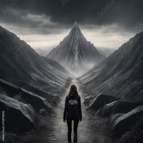 ai generated climbing picture, A woman with a backpack standing at the foot of the mountain, mood photo with the statement that you can do anything, long journey.