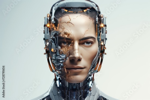 cyborg man on a light background, banner