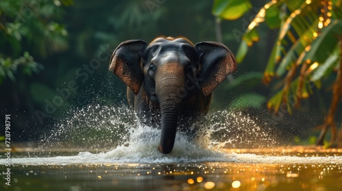 Joyous Asian Elephant Splashing in Natural Watering Hole with Lush Backdrop
