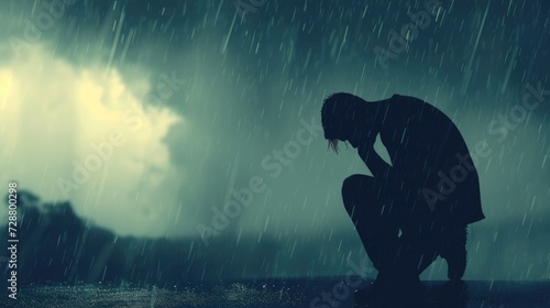 silhouette of a depressed person with stromy weather background