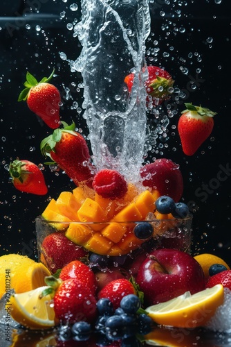 Vibrant fruits showcased with precise focus, heightened by water splashes.