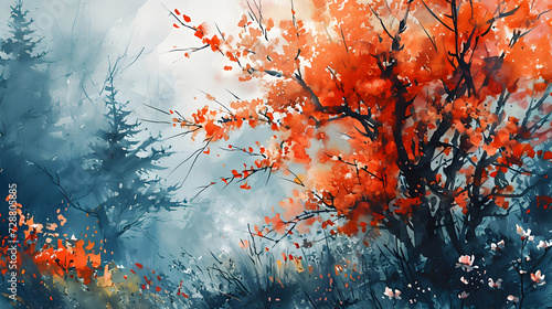 Abstract Watercolor Forest in Autumn.