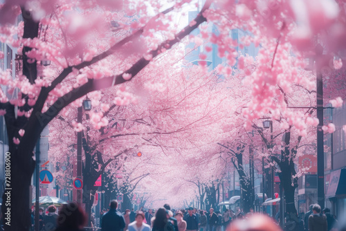 cherry blossom festival in a bustling city. The trees line the streets, their pink blossoms in full bloom