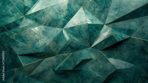 A symphony of geometric shapes in shades of emerald green and sapphire blue, arranged dynamically on a polished marble surface. 
