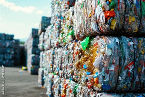 Large stack of compressed plastic bottles into square bales outdoors. Bundles of baled plastic bottles ready for recycling. Stacks of square plastic bales.