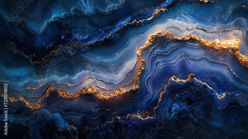 Iridescent waves of mother-of-pearl and midnight blue converging on a marble slab, forming a mesmerizing and enchanting abstract display. 
