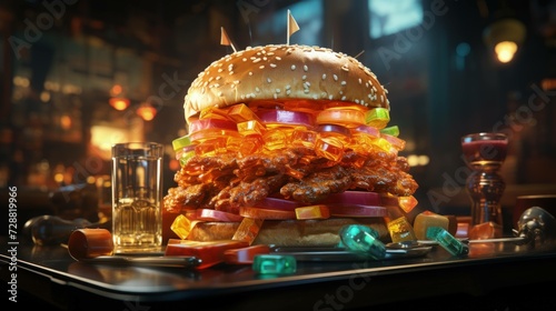 an epic hamburger masterpiece: a symphony of ingredients and hues, where every layer tells a tale of taste and visual delight. Ai Generated