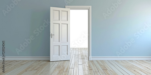 Sunlit Open Door in Elegant Interior. Open doorway inviting with natural light casting shadows on a classic herringbone floor in a serene room, copy space, minimal style concept.
