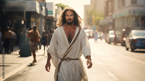 person looking like Jesus Christ savior of humanity walking in modern street