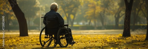 An elderly man or woman, seated in wheelchairs, find solace and companionship in an empty park, sharing a serene moment of togetherness amidst the tranquility of nature