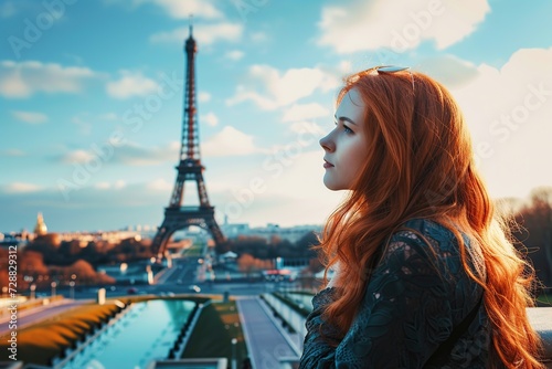 Young woman tourist standing in front of Eiffel Tower in Paris. Tourism concept