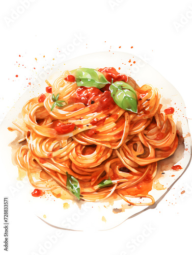 Watercolor illustration of spaghetti pasta on white plate 