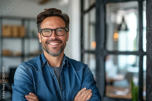 Confident Male Entrepreneur Smiling in Modern Office Environment