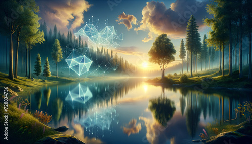 Tranquil fusion of technology and nature: serene landscape with reflective lake and ethereal CNN layers