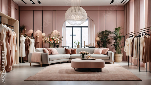 Women's fashion emporium adorned in powdery hues. Browse the curated selection on chic shelves while central room, featuring a cozy sofa, beckons shoppers to linger and savor the trendy atmosphere.