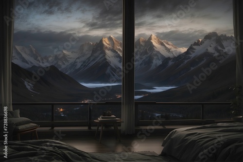 AI generated illustration of a futuristic cityscape view from a masculine minimalist bedroom