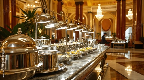  a row of silver pots and pans sitting on a counter in a room with chandeliers and chandeliers hanging from the ceiling and a chandelier hanging from the ceiling.