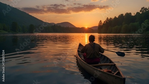 Man in a canoe on a lake during sunset