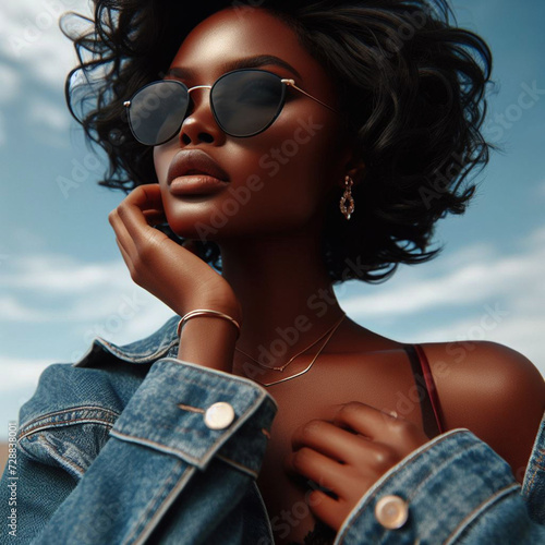 Portrait of a stylish gorgeous black African American girl looking into the distance, wearing a denim shirt and sunglasses.