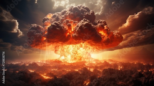 Big explosion with smoke and ash. Eruption. Explosion of a nuclear bomb. Mushroom cloud. Bomb detonation. Attack, war, end of the world. 3d realistic illustration generated. 
