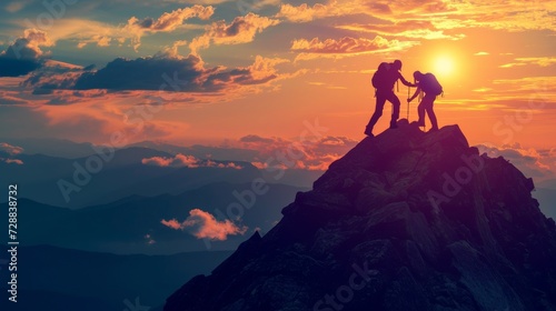Inspirational Moment as a Hiker Assists a Companion to Reach the Mountain Peak at Sunset